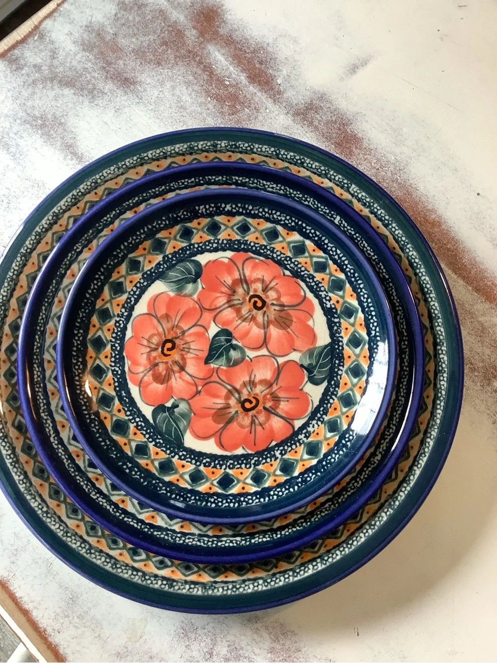 Set Of 3 Three UNIKAT Polish Pottery Plates Floral